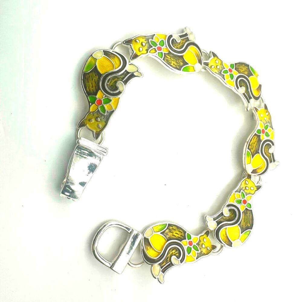 Cat Bracelet Link Yellow Black Enamel Pet Animal Lover Novelty Silver tone